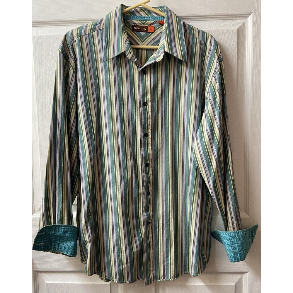 Nyne Button Up Shirt Mens Xtra Large Contrasting Fabric Cuffs Striped Blue Green